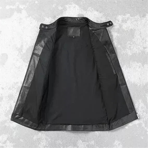 Black Leather Motorcycle Vest - Premium Full-Grain Leather Biker Vest