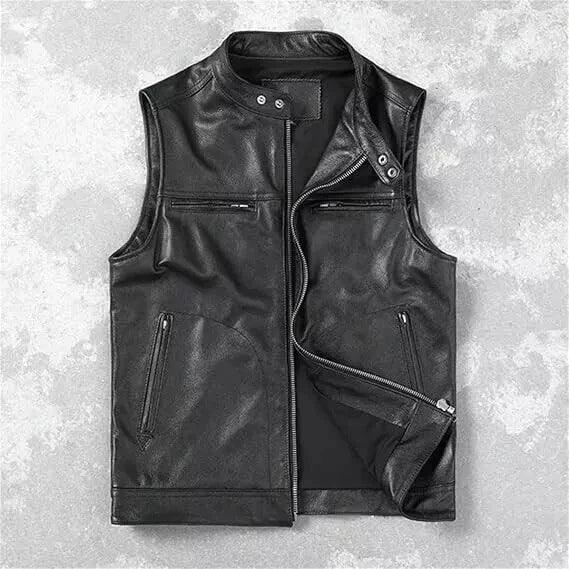 Black Leather Motorcycle Vest - Premium Full-Grain Leather Biker Vest