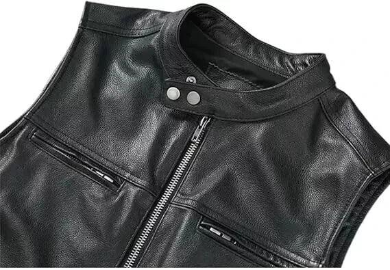 Black Leather Motorcycle Vest - Premium Full-Grain Leather Biker Vest