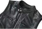 Black Leather Motorcycle Vest - Premium Full-Grain Leather Biker Vest