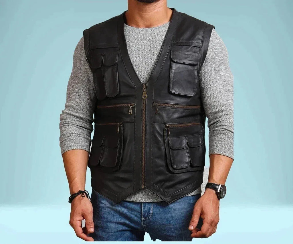 Black Leather Utility Vest - Premium Full-Grain Leather Multi-Pocket Vest