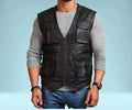 Black Leather Utility Vest - Premium Full-Grain Leather Multi-Pocket Vest