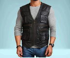 Black Leather Utility Vest - Premium Full-Grain Leather Multi-Pocket Vest