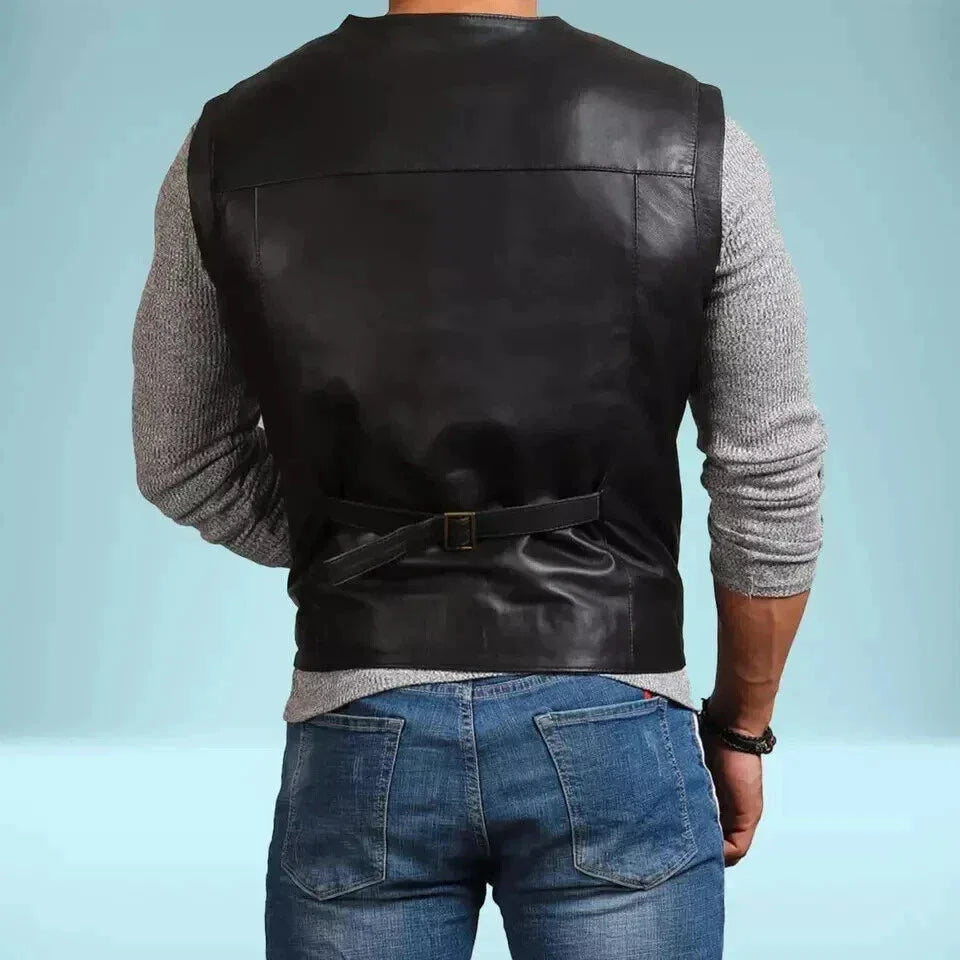 Black Leather Utility Vest - Premium Full-Grain Leather Multi-Pocket Vest