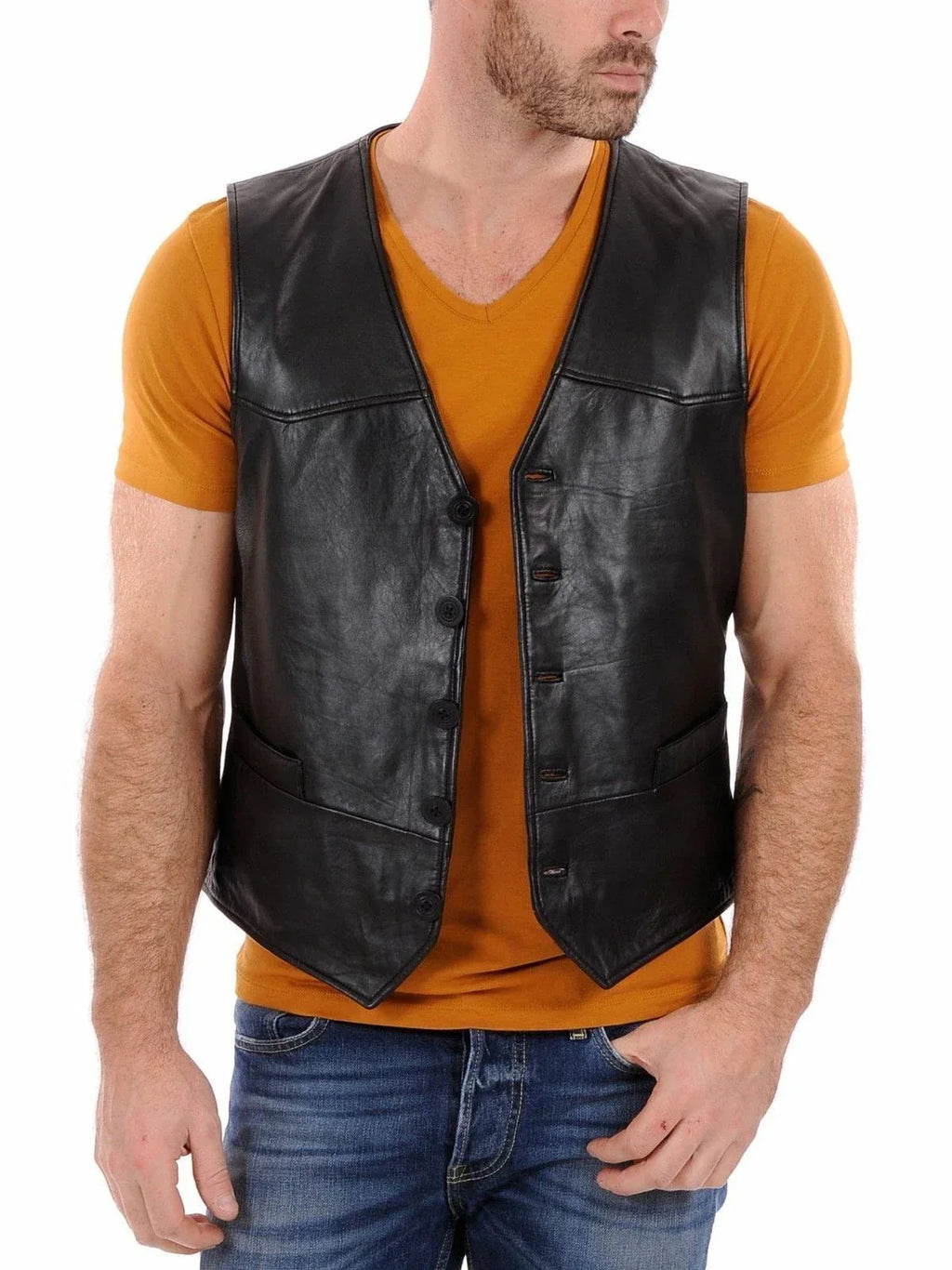 Black Leather Motorcycle Vest - Premium Full-Grain Leather Biker Vest with Back Belt