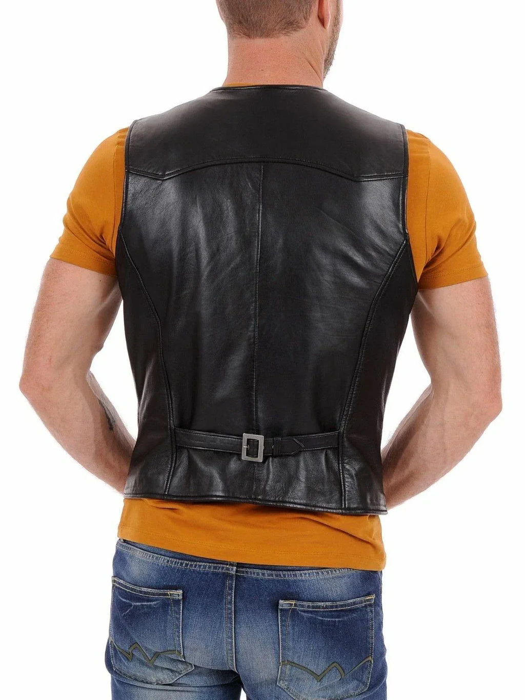 Black Leather Motorcycle Vest - Premium Full-Grain Leather Biker Vest with Back Belt