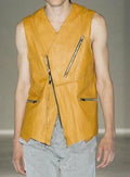 Mustard Yellow Leather Vest - Premium Full-Grain Leather Asymmetric Zipper Vest
