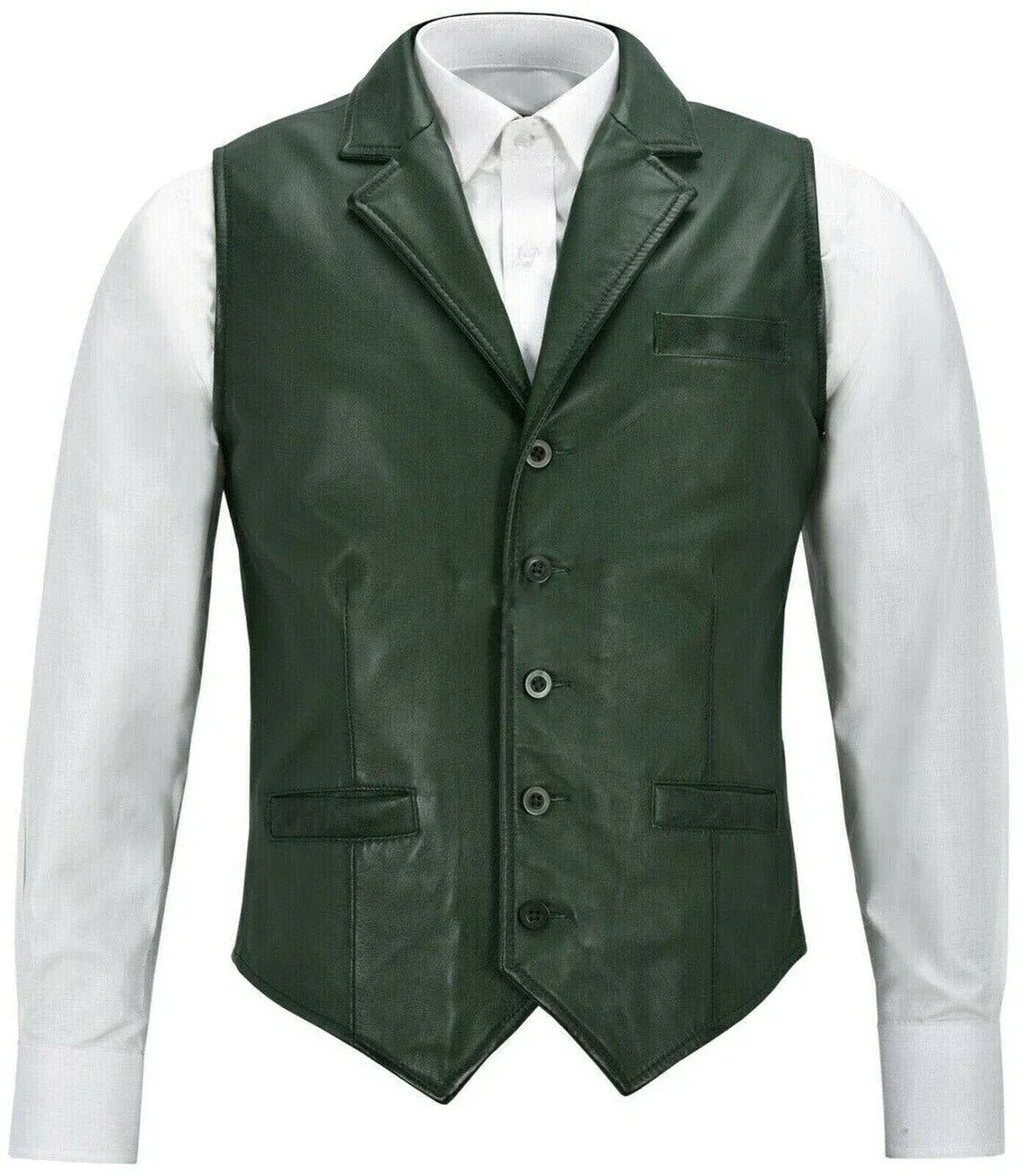 Green Leather Vest - Premium Full-Grain Leather Formal Waistcoat with Notched Lapels