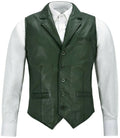 Green Leather Vest - Premium Full-Grain Leather Formal Waistcoat with Notched Lapels