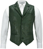 Green Leather Vest - Premium Full-Grain Leather Formal Waistcoat with Notched Lapels