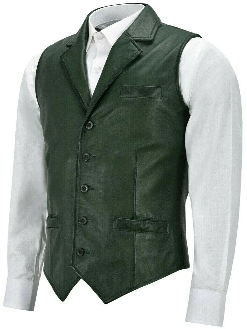 Green Leather Vest - Premium Full-Grain Leather Formal Waistcoat with Notched Lapels