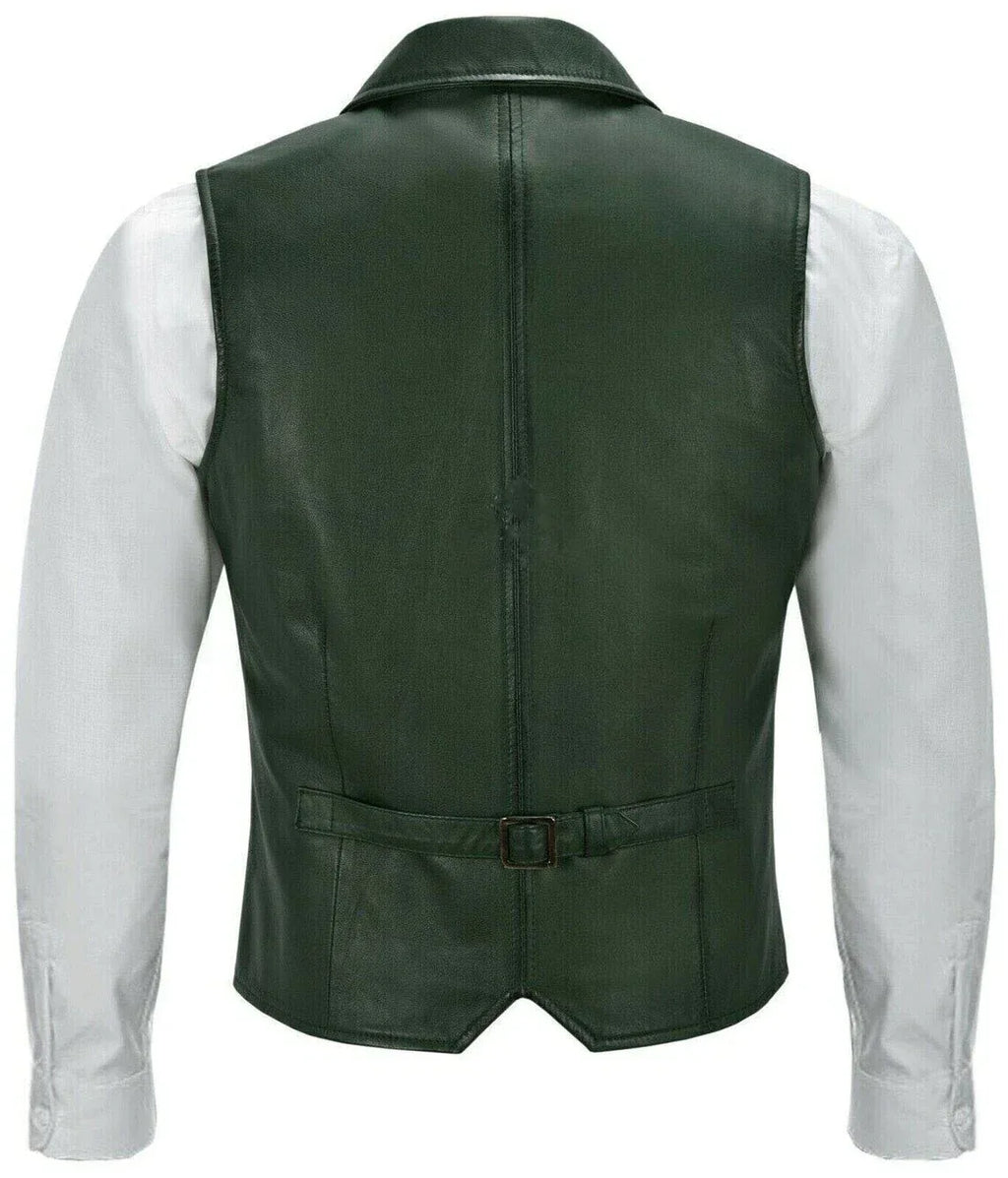 Green Leather Vest - Premium Full-Grain Leather Formal Waistcoat with Notched Lapels