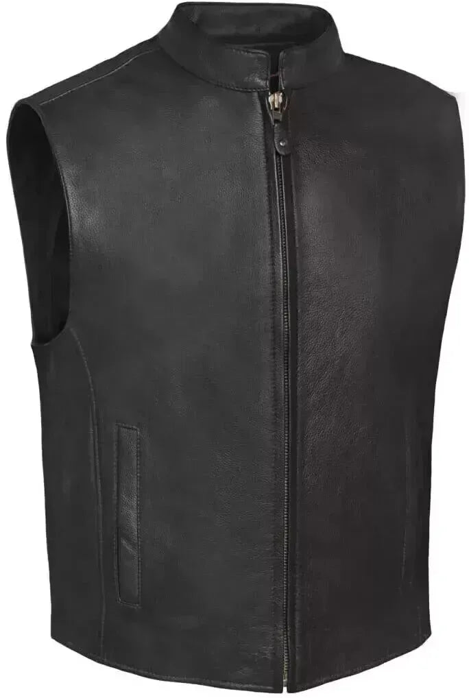 Black Leather Vest - Premium Full-Grain Leather Band Collar Vest with Zipper