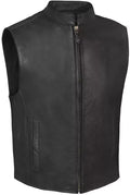 Black Leather Vest - Premium Full-Grain Leather Band Collar Vest with Zipper