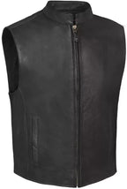 Black Leather Vest - Premium Full-Grain Leather Band Collar Vest with Zipper