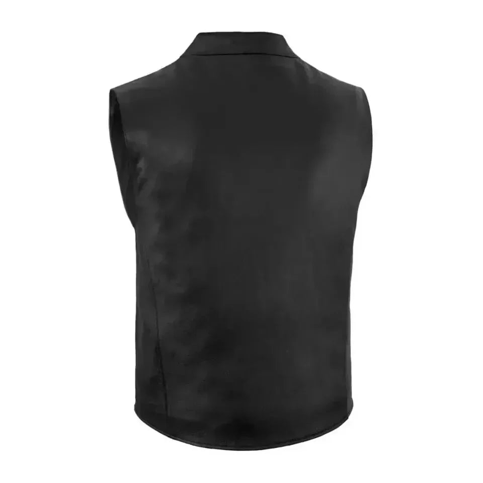 Black Leather Vest - Premium Full-Grain Leather Band Collar Vest with Zipper