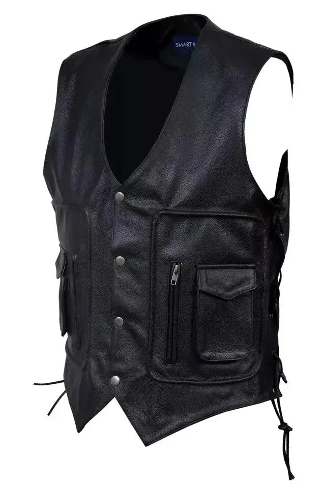 Black Leather Motorcycle Vest - Premium Full-Grain Leather Multi-Pocket Biker Vest with Side Laces