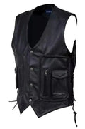 Black Leather Motorcycle Vest - Premium Full-Grain Leather Multi-Pocket Biker Vest with Side Laces