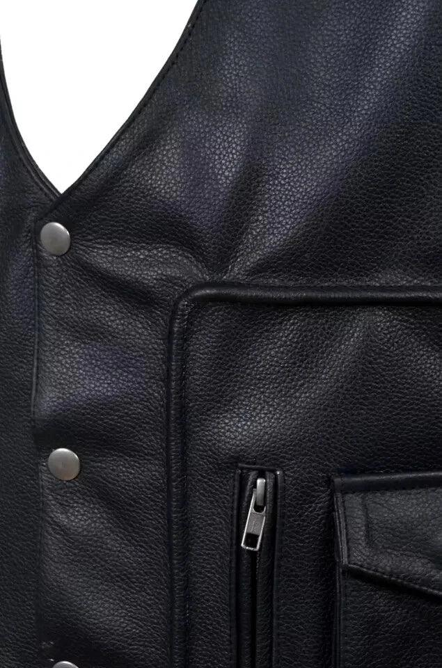 Black Leather Motorcycle Vest - Premium Full-Grain Leather Multi-Pocket Biker Vest with Side Laces