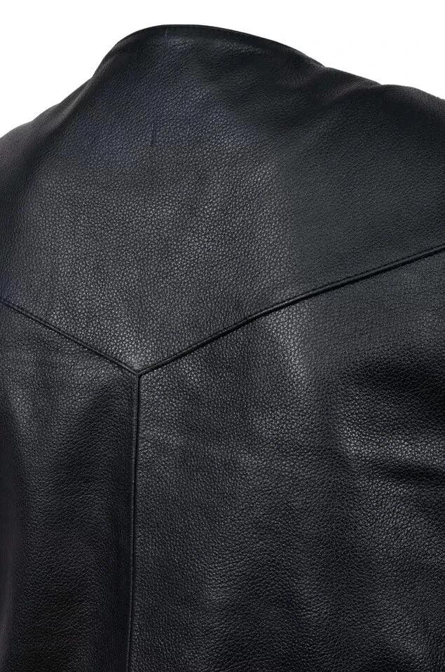 Black Leather Motorcycle Vest - Premium Full-Grain Leather Multi-Pocket Biker Vest with Side Laces