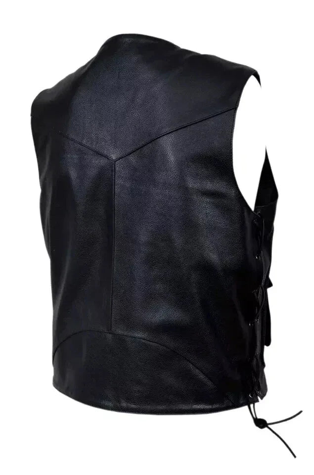 Black Leather Motorcycle Vest - Premium Full-Grain Leather Multi-Pocket Biker Vest with Side Laces