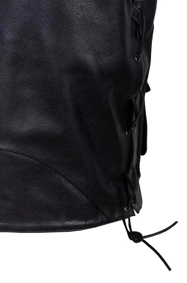 Black Leather Motorcycle Vest - Premium Full-Grain Leather Multi-Pocket Biker Vest with Side Laces