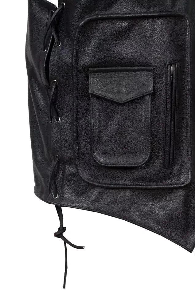 Black Leather Motorcycle Vest - Premium Full-Grain Leather Multi-Pocket Biker Vest with Side Laces