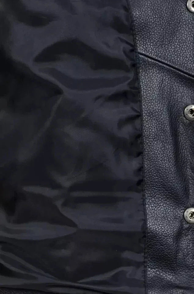 Black Leather Motorcycle Vest - Premium Full-Grain Leather Multi-Pocket Biker Vest with Side Laces
