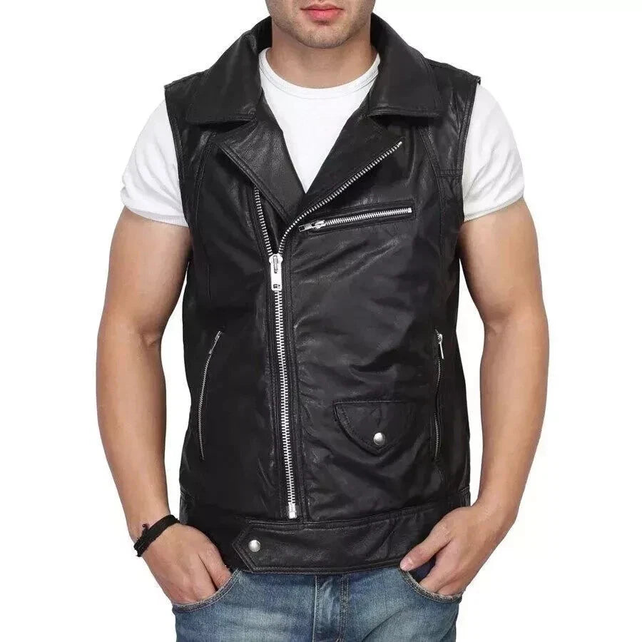 Black Leather Biker Vest - Premium Full-Grain Leather Asymmetric Zipper Moto Vest
