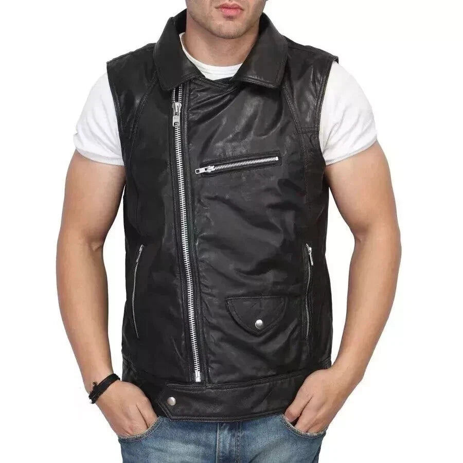 Black Leather Biker Vest - Premium Full-Grain Leather Asymmetric Zipper Moto Vest