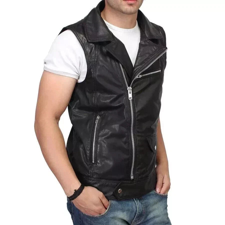 Black Leather Biker Vest - Premium Full-Grain Leather Asymmetric Zipper Moto Vest