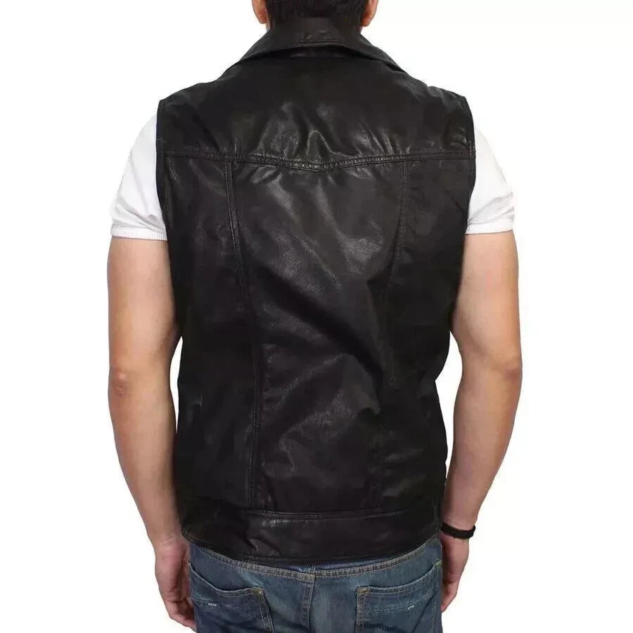 Black Leather Biker Vest - Premium Full-Grain Leather Asymmetric Zipper Moto Vest