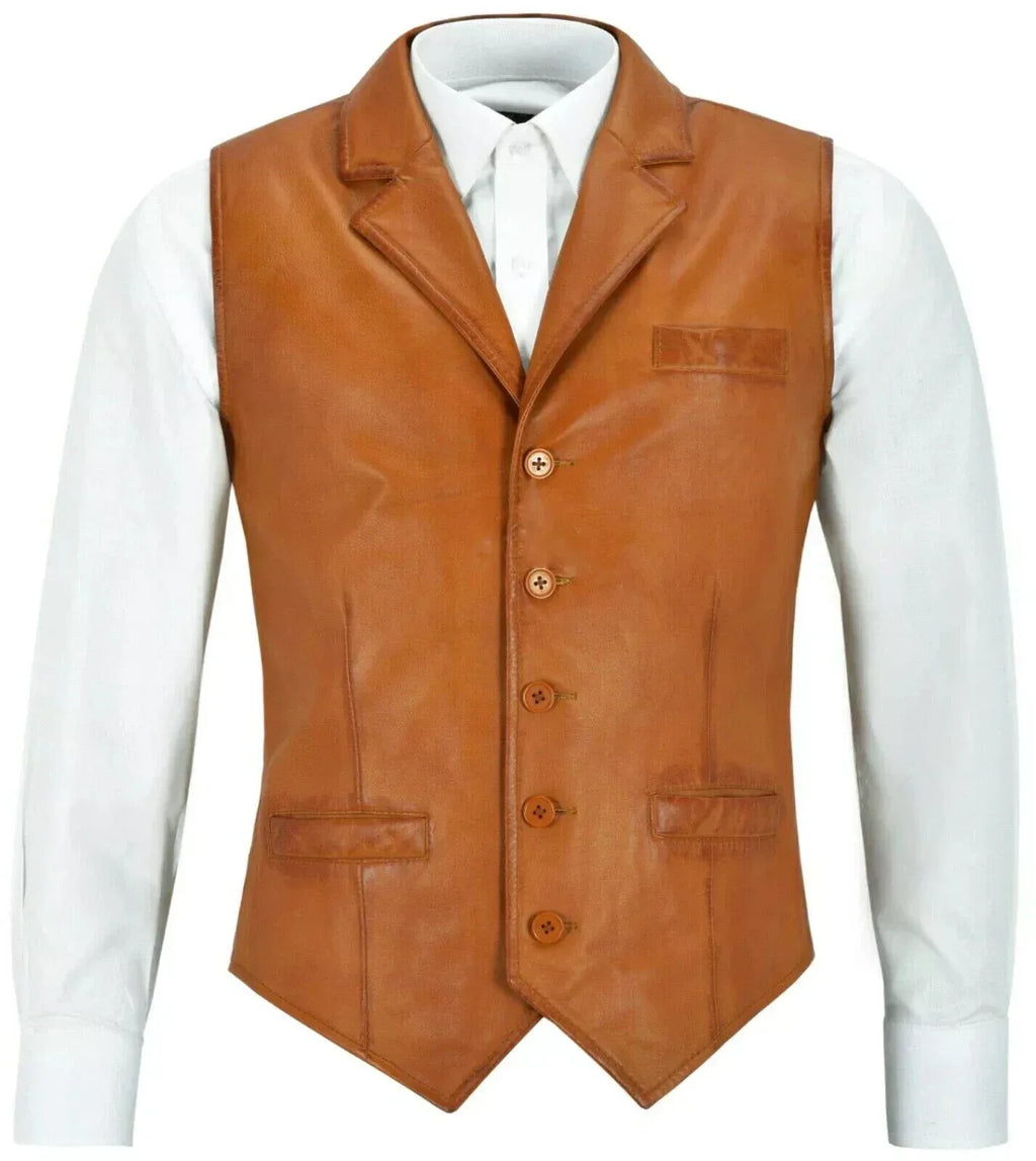 Tan Leather Vest - Premium Full-Grain Leather Formal Waistcoat with Notched Lapels