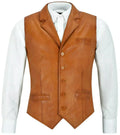 Tan Leather Vest - Premium Full-Grain Leather Formal Waistcoat with Notched Lapels