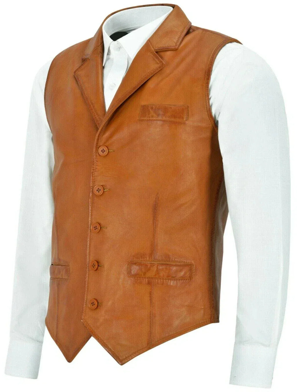 Tan Leather Vest - Premium Full-Grain Leather Formal Waistcoat with Notched Lapels