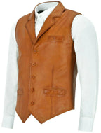 Tan Leather Vest - Premium Full-Grain Leather Formal Waistcoat with Notched Lapels