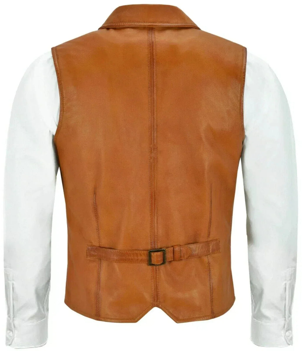 Tan Leather Vest - Premium Full-Grain Leather Formal Waistcoat with Notched Lapels