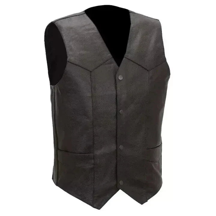 Black Leather Motorcycle Vest - Premium Full-Grain Leather Classic Biker Vest