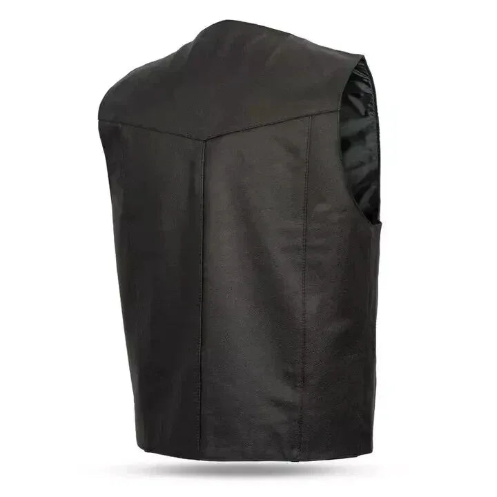 Black Leather Motorcycle Vest - Premium Full-Grain Leather Classic Biker Vest