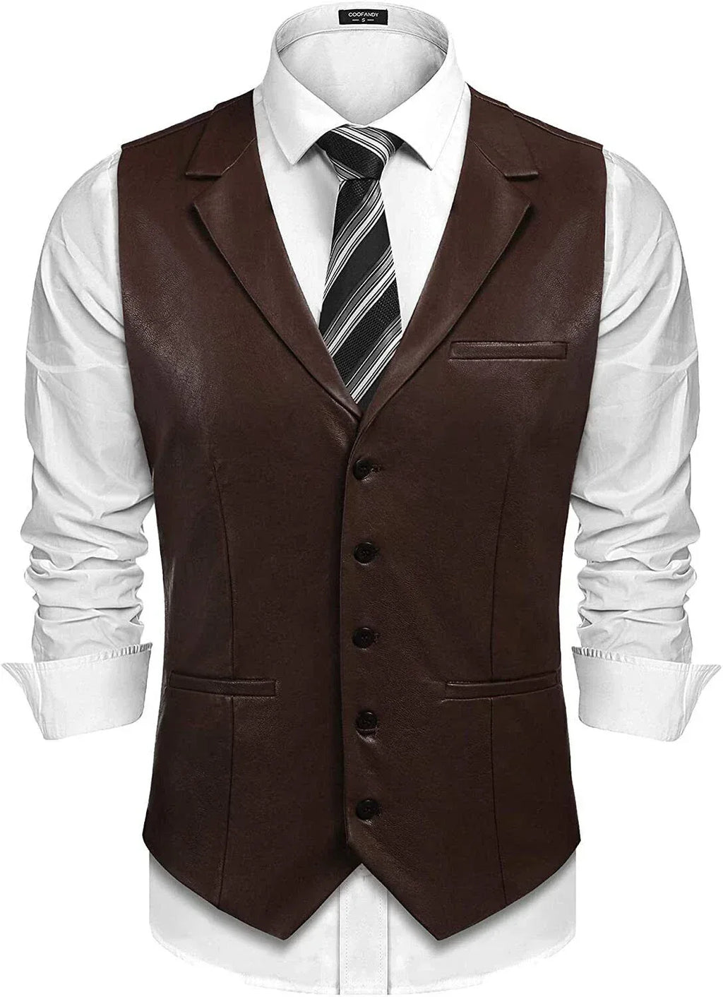 Brown Leather Vest - Premium Full-Grain Leather Formal Waistcoat with Notched Lapels & Back Belt