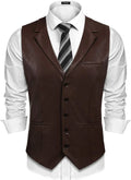 Brown Leather Vest - Premium Full-Grain Leather Formal Waistcoat with Notched Lapels & Back Belt