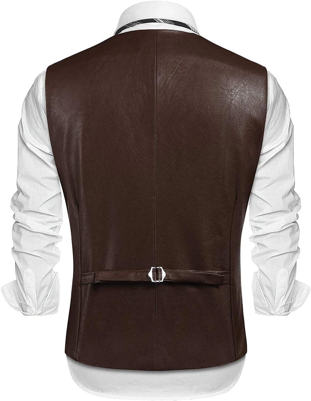 Brown Leather Vest - Premium Full-Grain Leather Formal Waistcoat with Notched Lapels & Back Belt