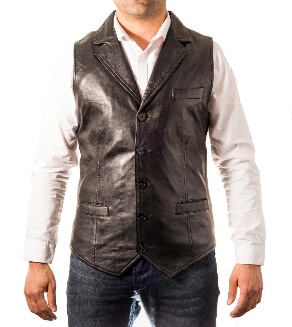 Black Leather Vest - Premium Full-Grain Leather Formal Waistcoat with Notched Lapels