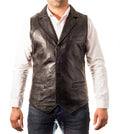 Black Leather Vest - Premium Full-Grain Leather Formal Waistcoat with Notched Lapels