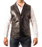 Black Leather Vest - Premium Full-Grain Leather Formal Waistcoat with Notched Lapels
