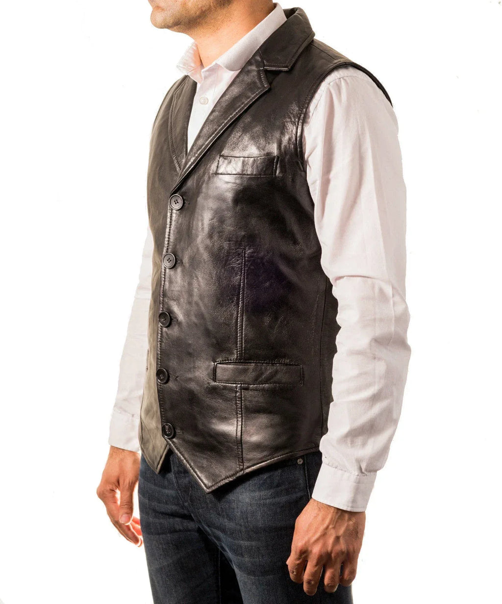 Black Leather Vest - Premium Full-Grain Leather Formal Waistcoat with Notched Lapels
