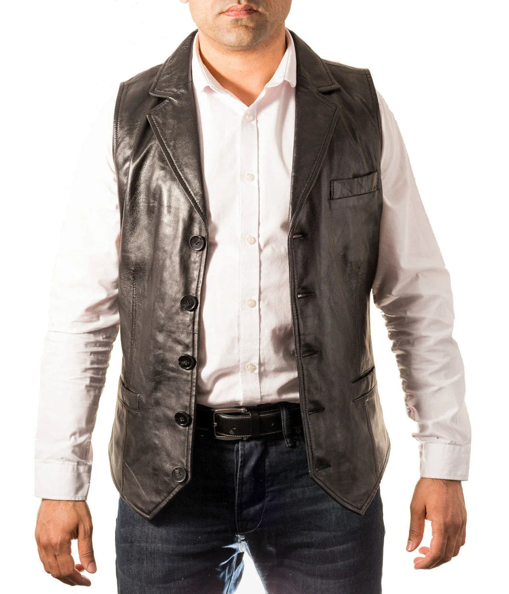 Black Leather Vest - Premium Full-Grain Leather Formal Waistcoat with Notched Lapels