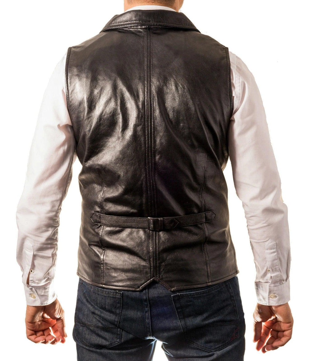 Black Leather Vest - Premium Full-Grain Leather Formal Waistcoat with Notched Lapels