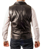 Black Leather Vest - Premium Full-Grain Leather Formal Waistcoat with Notched Lapels