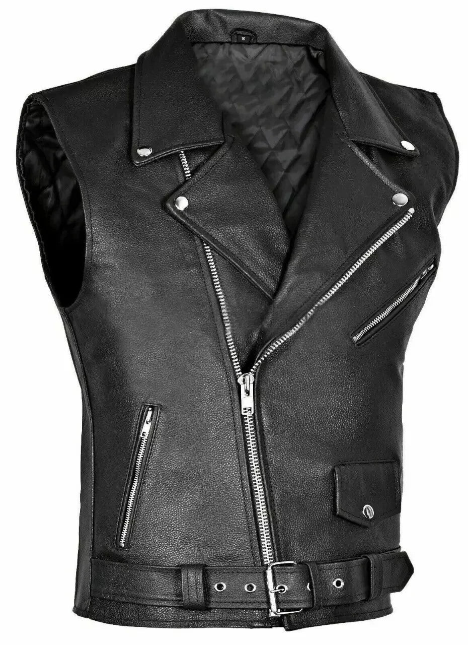 Black Leather Biker Vest - Premium Full-Grain Leather Asymmetric Zipper Moto Vest with Belt